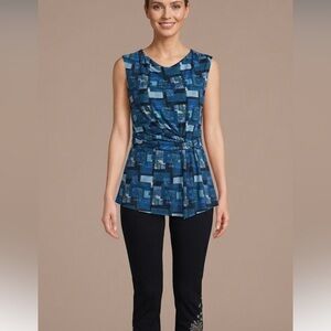 Mandy Evans Geometric Ruched Peplum Top L Made in Canada